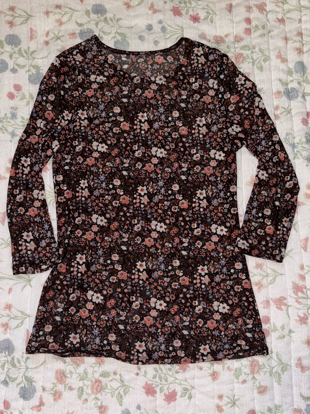 Floral 3/4 Sleeve Women's Top - Black with Pink Floral